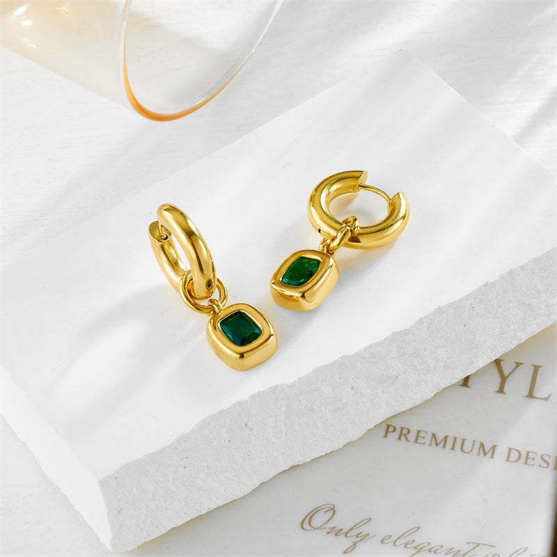 Vintage Minimalist Square and Circle Geometric Titanium Steel Earrings with Emerald Green Rhinestone Inlay