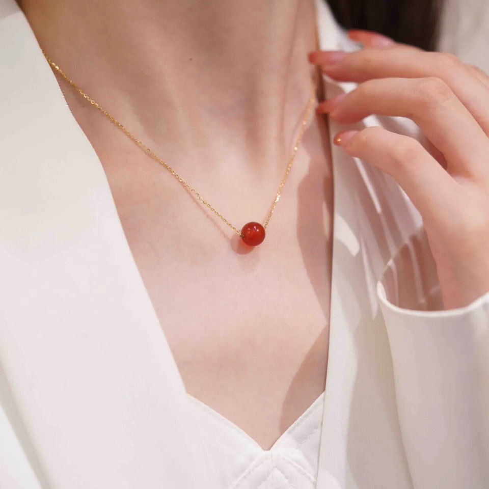 Minimalist Red Agate Plant Shape Gold Plated Brass Pendant Titanium Steel Cable Chain Necklace