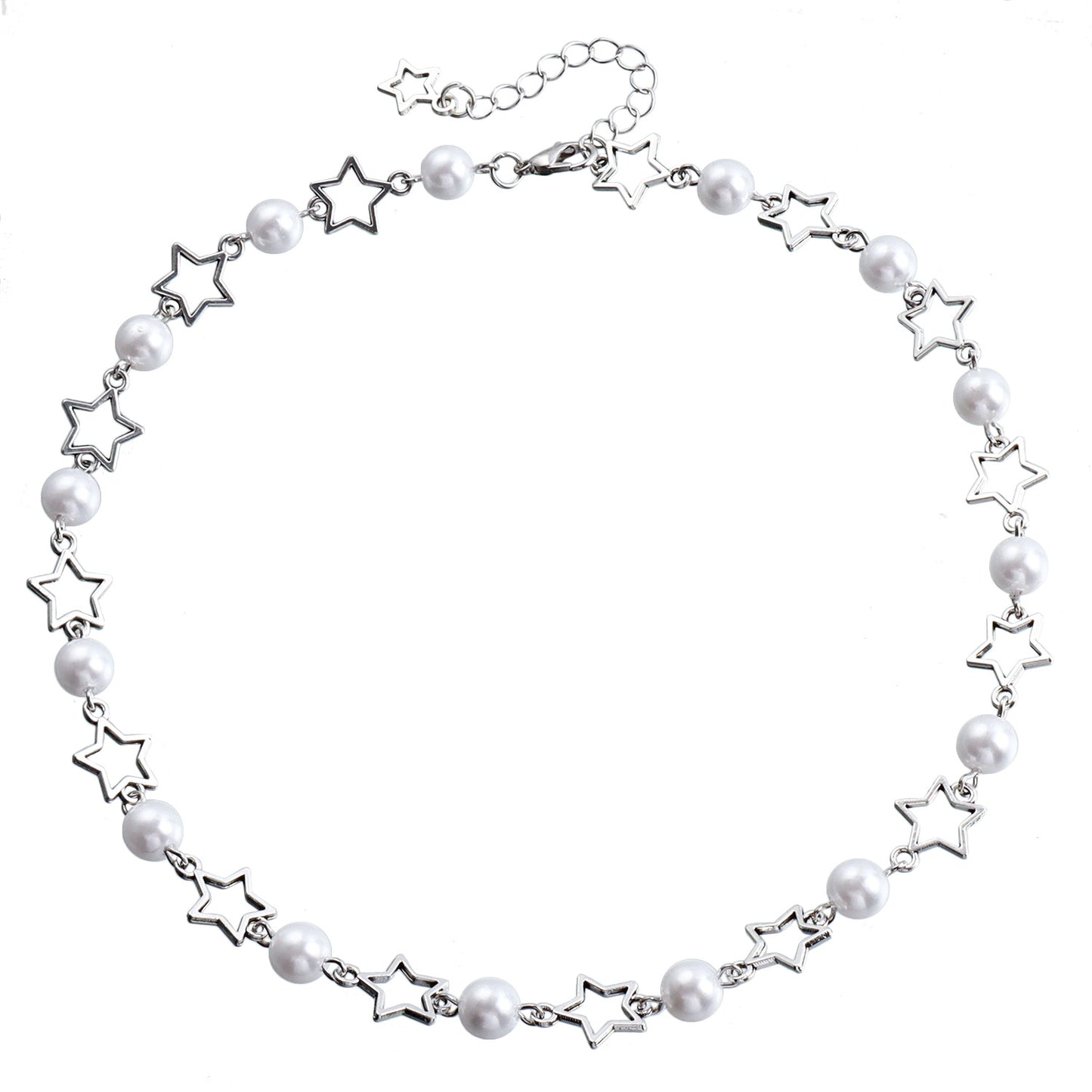 Fashionable Minimalist Hollow Five-Pointed Star Pendant Necklace for Women with Electroplated Metal Chain and Imitation Pearl Accents