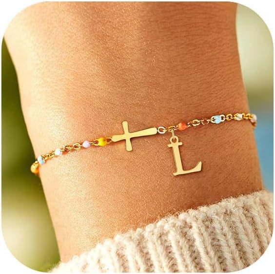 Colorful Drip Oil Plated Stainless Steel Letter Cross Bracelet for Women
