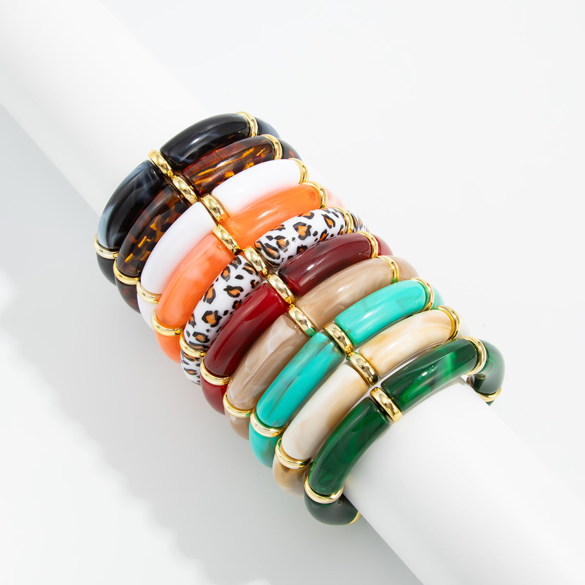 Vintage Geometric Marble Texture Leopard Print Acrylic Elastic Bracelet for Women
