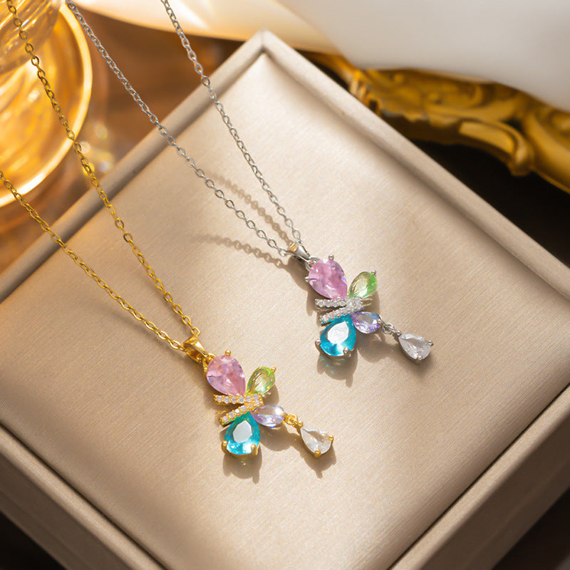 Elegant Butterfly-Shaped Titanium Steel Necklace with Clear Colored Zircon Inlay for Women
