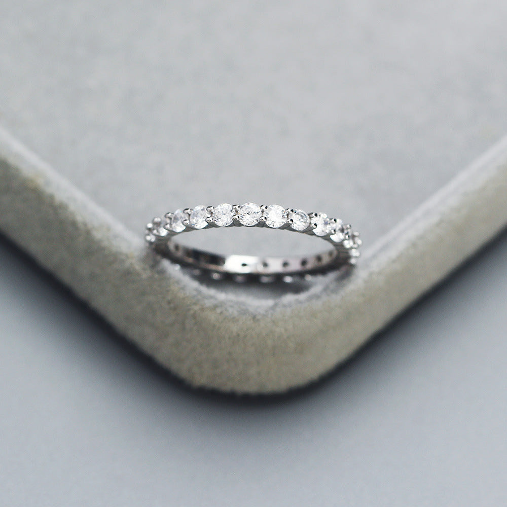 Minimalist Geometric Ring for Women in 925 Sterling Silver with Full Round Rhinestone Inlay