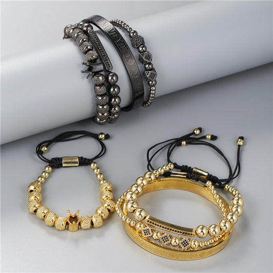 Conjunto de pulseras de acero de titanio con forma de corona geométrica, incrustaciones de diamantes de imitación y acabado chapado para hombres y mujeres