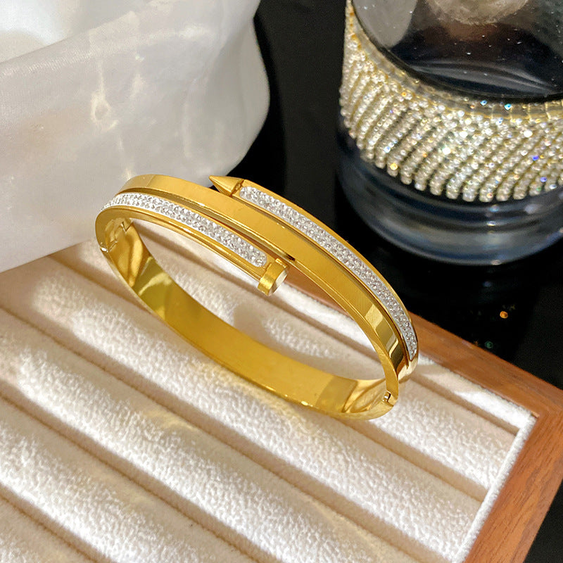 Minimalist Luxury Gold Plated Geometric Roman Number Cubic Zirconia Inlay Stainless Steel Cuff Bracelet for Women