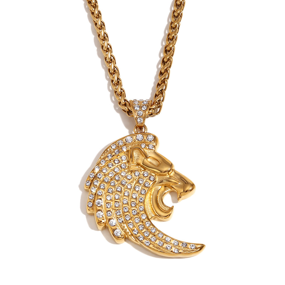 Hip Hop Style Lion Pendant Necklace for Men Stainless Steel with 18K Gold Plating and Full Rhinestone Accents on Standard Chain