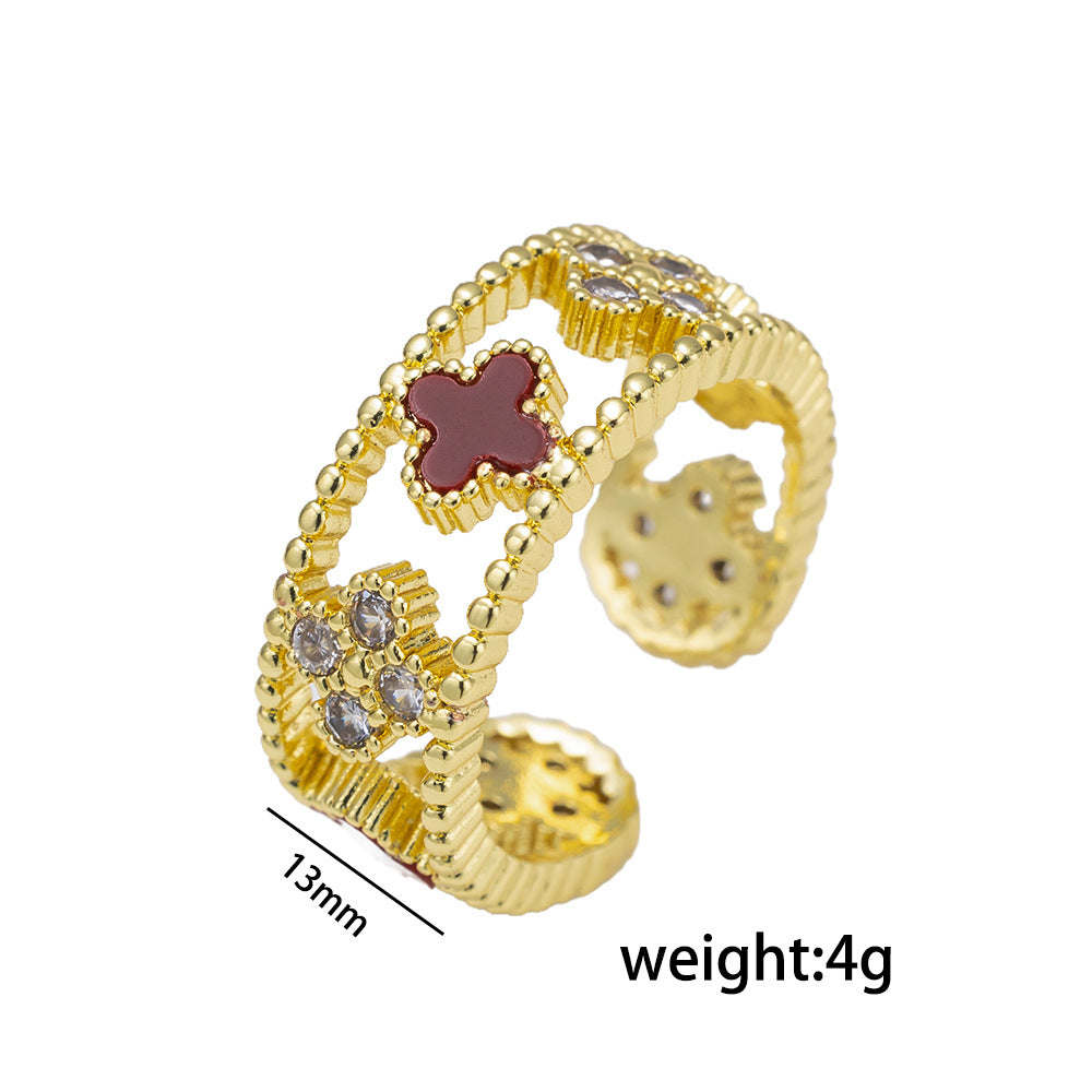 Anello Minimalista con Quadrifoglio e Zirconi in Rame Placcato Oro, Fascia Aperta Regolabile per Donna e Uomo