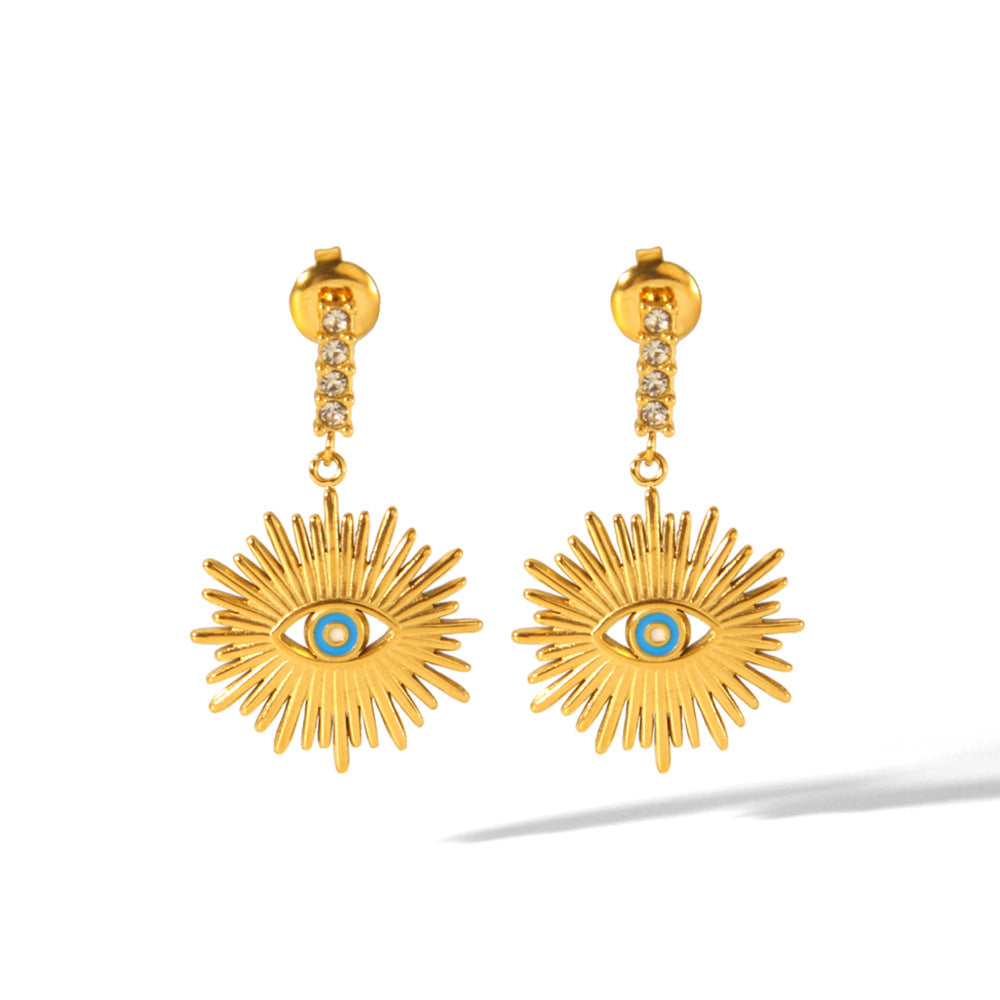 Orecchini a perno geometrici minimalisti con occhio di Allah in acciaio al titanio con placcatura in oro 18 carati e intarsio di strass