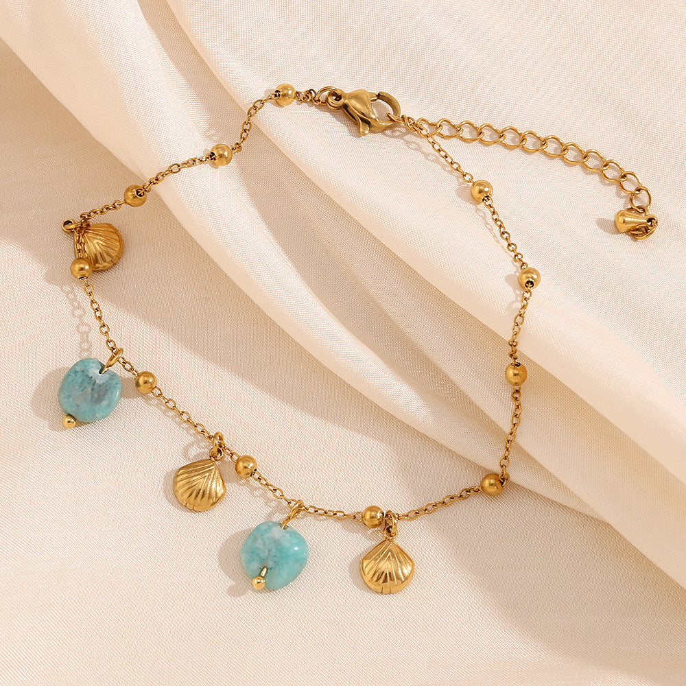 Minimalist 18K Gold Plated Stainless Steel Geometric Shell and Amazonite Pendant Anklet for Women