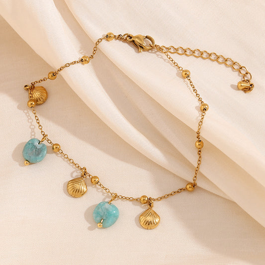 Cavigliera pendente minimalista in acciaio inossidabile placcato oro 18K con guscio geometrico e amazzonite per donna