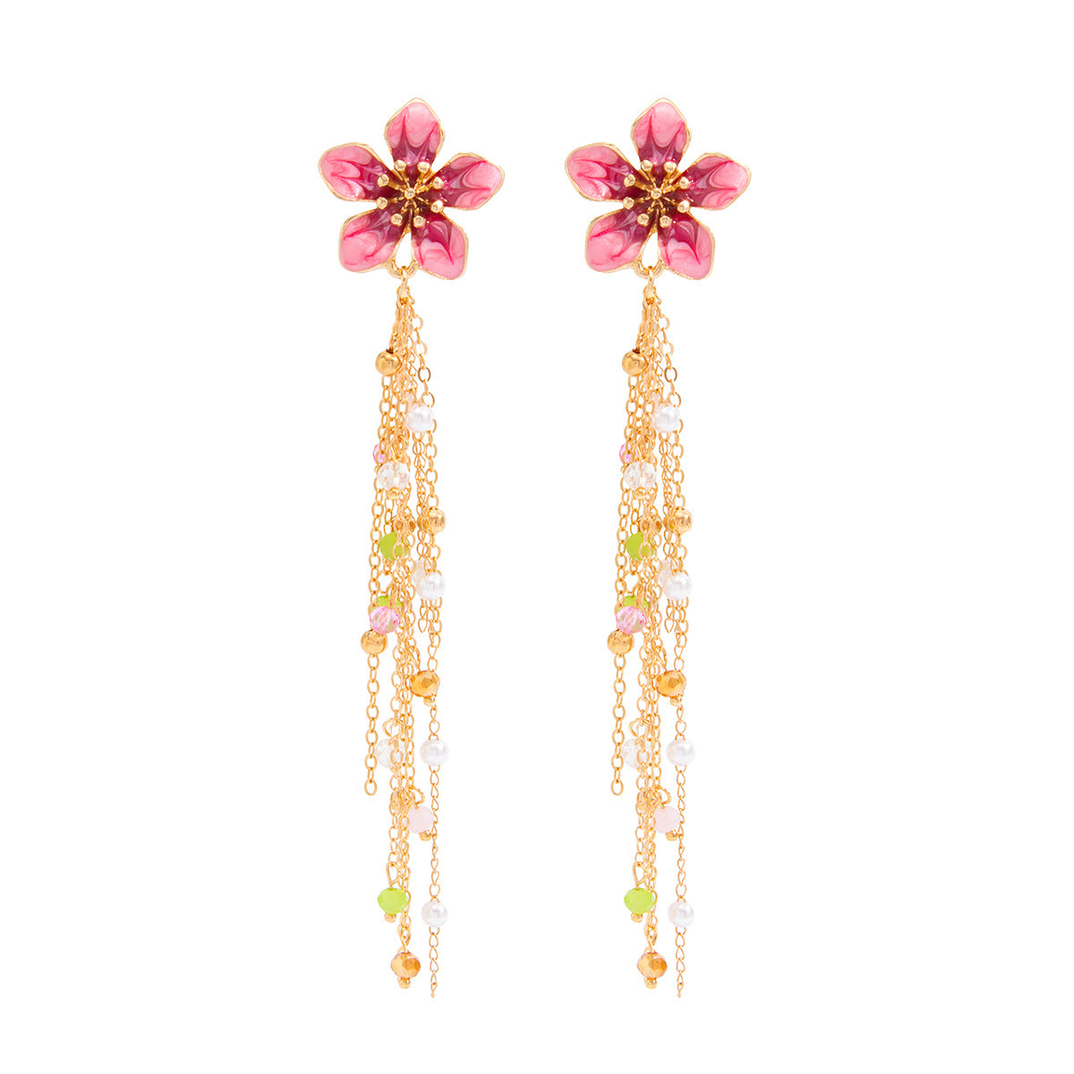 Sweet Casual Floral Drip Oil Zinc Alloy Earrings with Pearl Crystal Tassel for Women