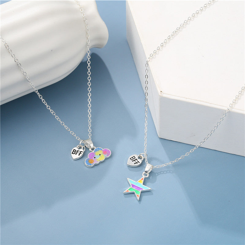 Collar de aleación de nube y estrella de dibujos animados para niños con acabado esmaltado, colgante de la amistad BFF en cadena cruzada