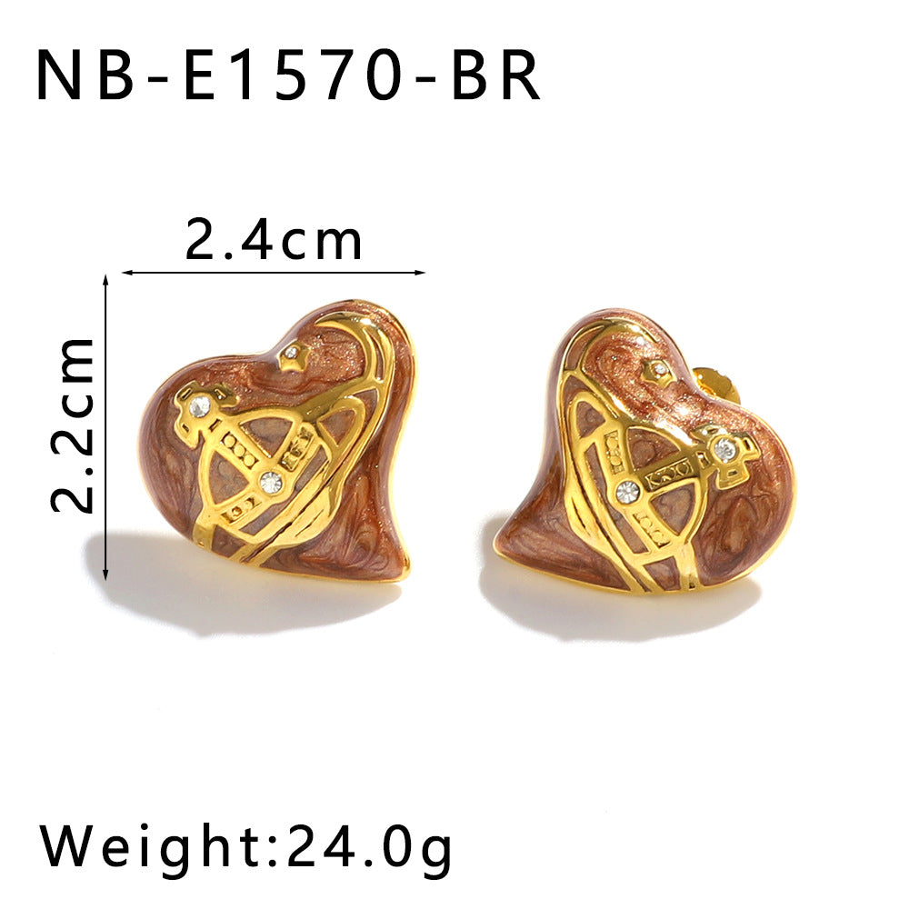 Minimalist Heart-Shaped Stainless Steel Stud Earrings with 18K Gold Plating and Rhinestone Inlay for Women