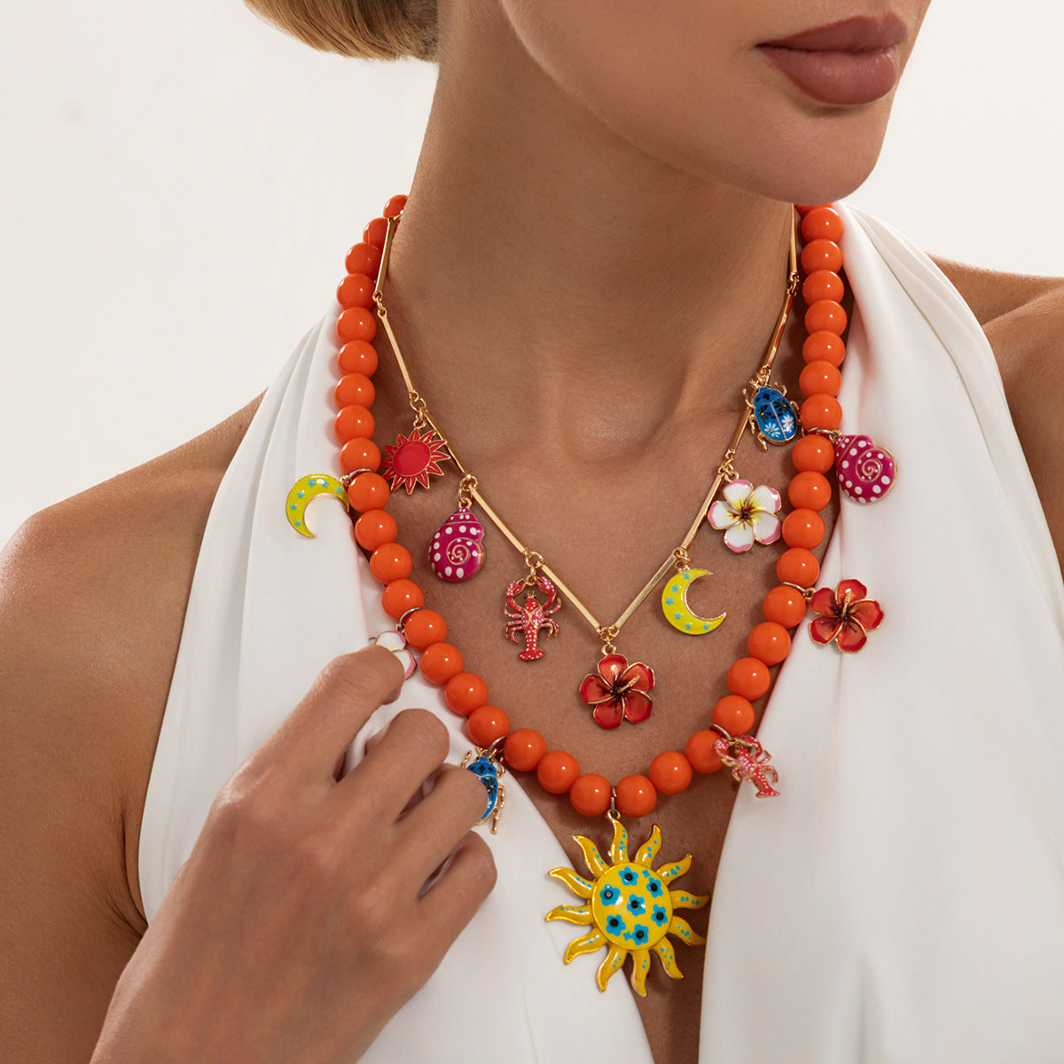 Bohemian Vintage Floral Animal Drip Oil Resin Zinc Alloy Pendant Necklace Brass Plated Cable Chain Women's Jewelry