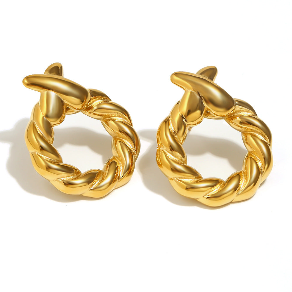 Fashionable Minimalist Geometric Stainless Steel Ear Studs with 18K Gold Plating and Twisted Circular X-Shaped Design