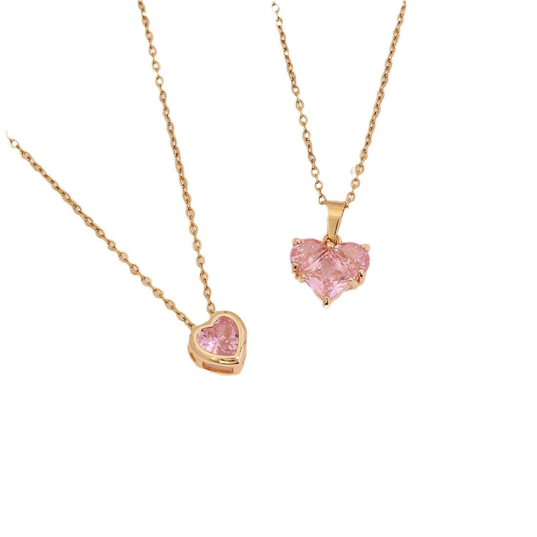 Fashionable Heart-Shaped Stainless Steel Pendant Necklace with Pink Zircon Inlay for Women