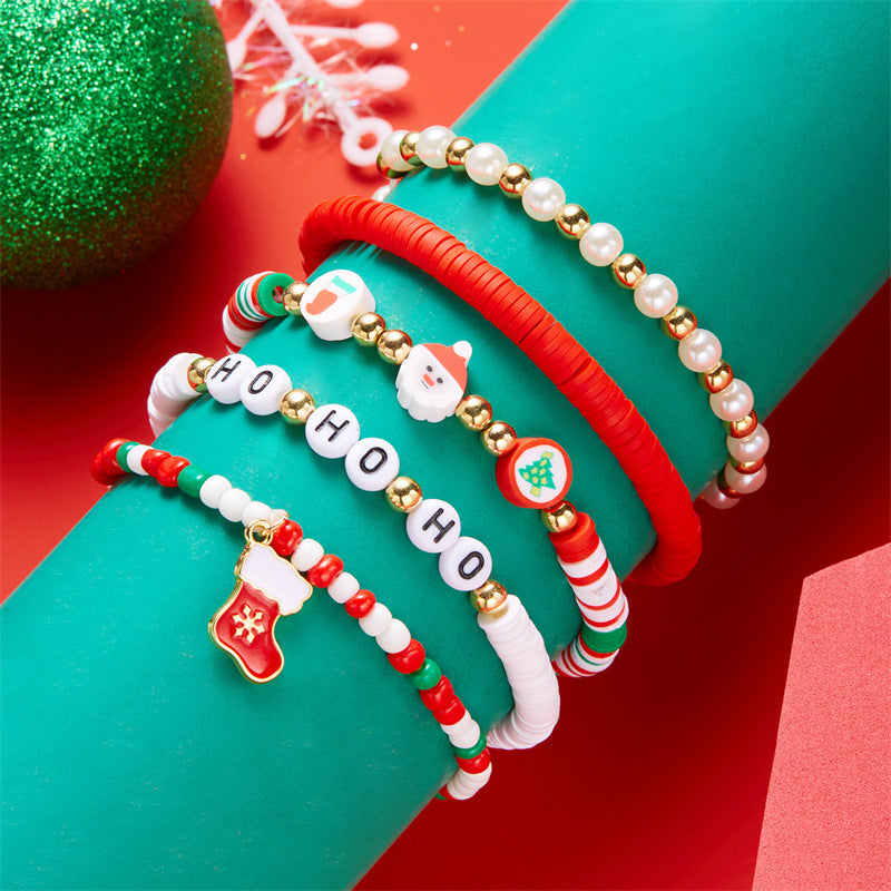 Casual Geometric Resin and Crystal Beaded Bracelet with Snowflake and Christmas Bell Charms for Women