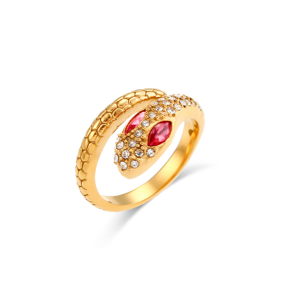 Anillo Ajustable Estilo Vintage de Serpiente en Acero Inoxidable con Baño de Oro de 18K y Incrustaciones de Pedrería