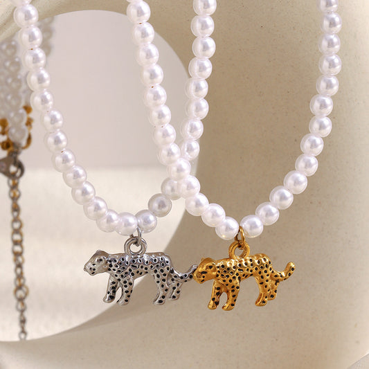 Minimalist Hollow Tiger Pendant Necklace for Women in Stainless Steel with 18K Gold Plating and Simulated Pearl Accents