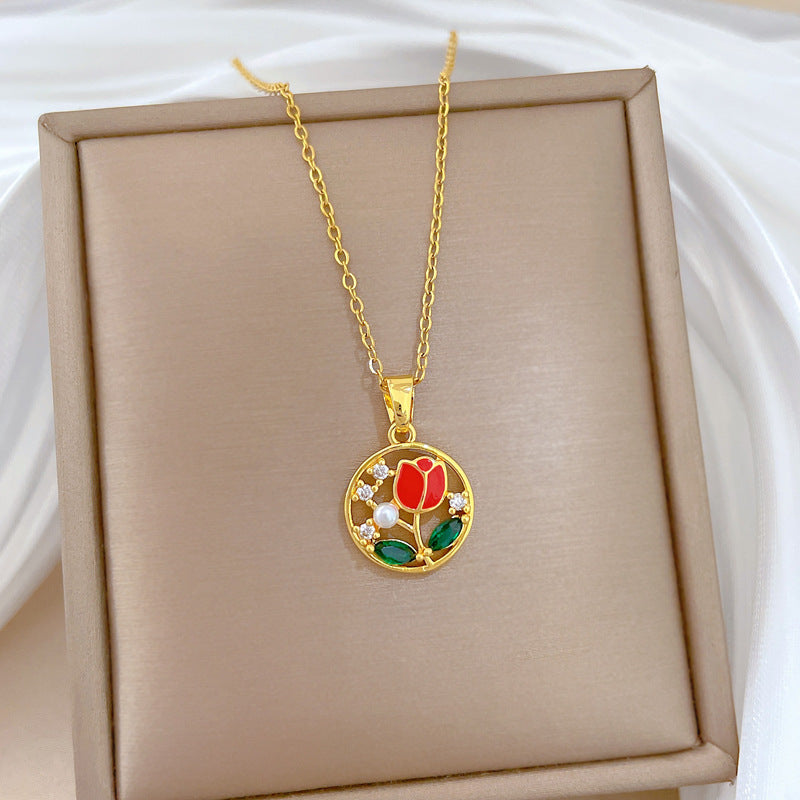 Sweet Elegant Drip Oil Geometric Moon Floral Rhinestone Titanium Steel Necklace for Women and Men