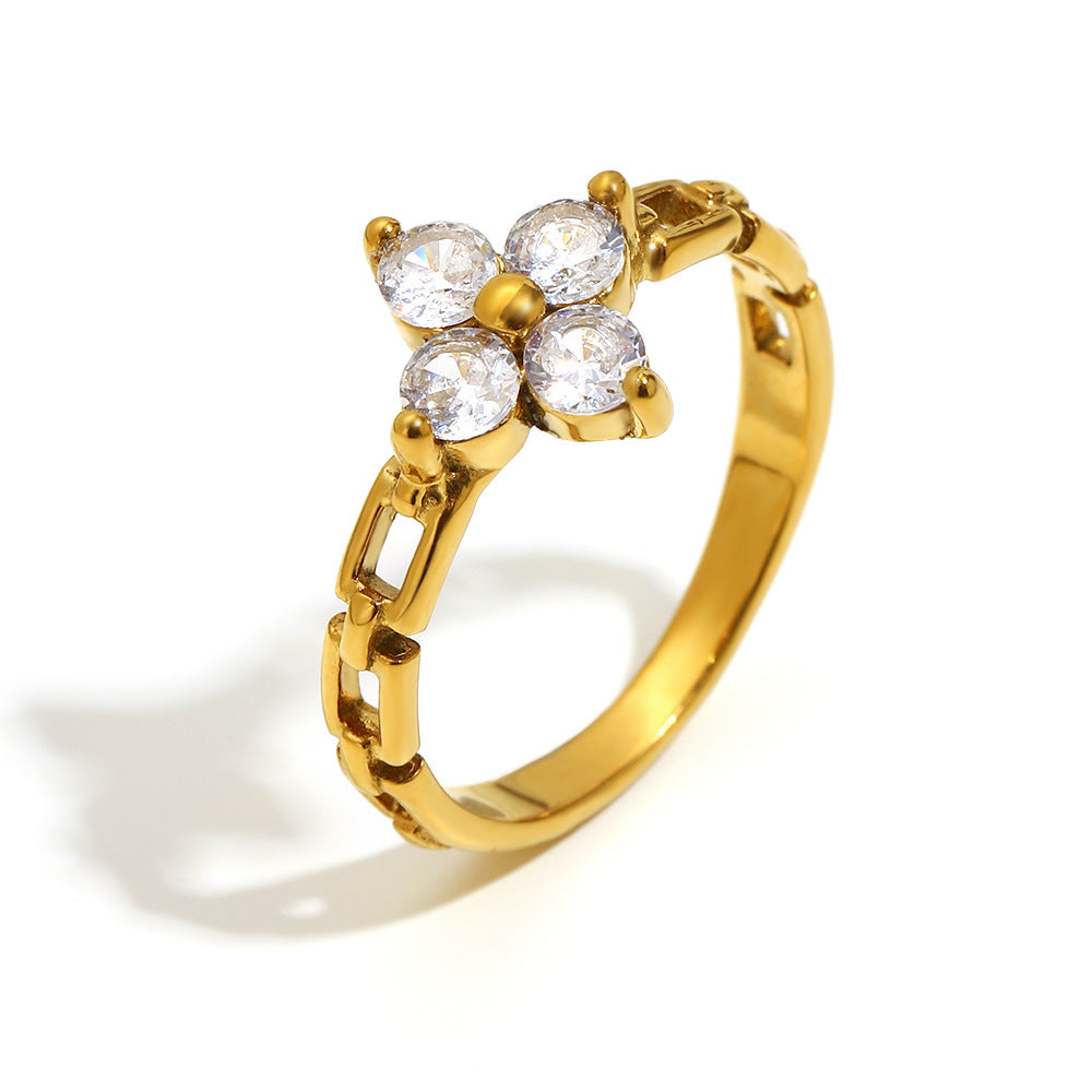 Anello Minimalista Geometrico in Acciaio Inox con Placcatura in Oro 18K e Dettagli in Zirconi per Donna
