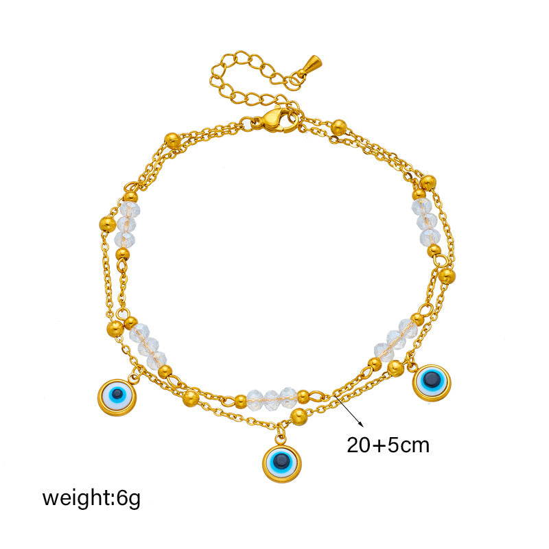 Minimalist Turkish Blue Eye Pendant Beaded Anklet in Titanium Steel with Geometric Design for Women