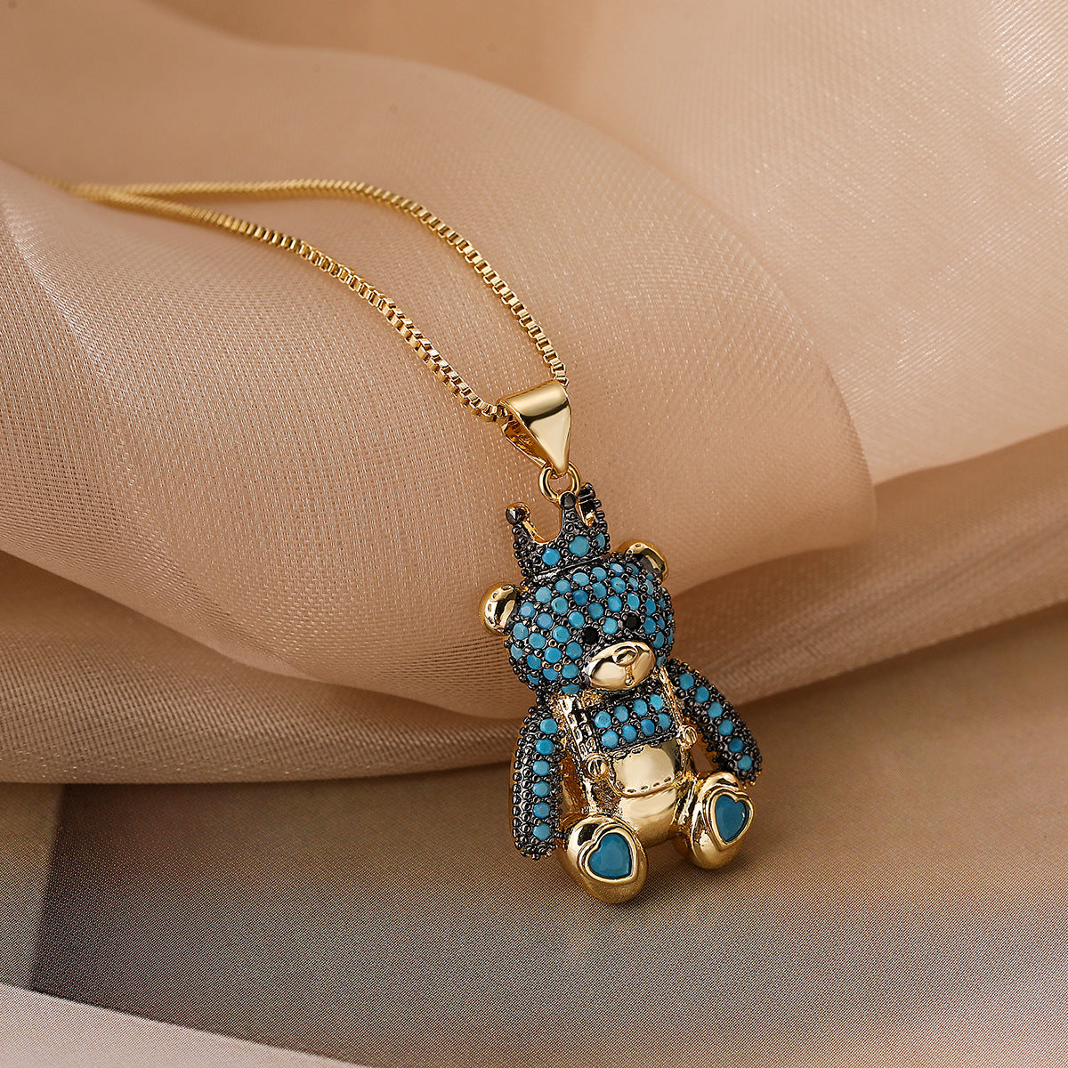 Minimalist Bear-Shaped Copper Pendant Necklace with 18K Gold Plating and Zircon Accents for Women