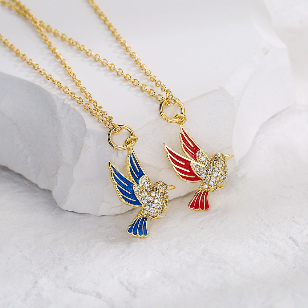Minimalist Geometric Copper Pendant Necklace with Gold Plating and Micro-Paved Zirconia Lovebird Design