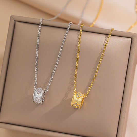 Minimalist Four-Leaf Clover Pendant Necklace for Women in Titanium Steel with Micro-Pave Setting and Delicate Locket Chain