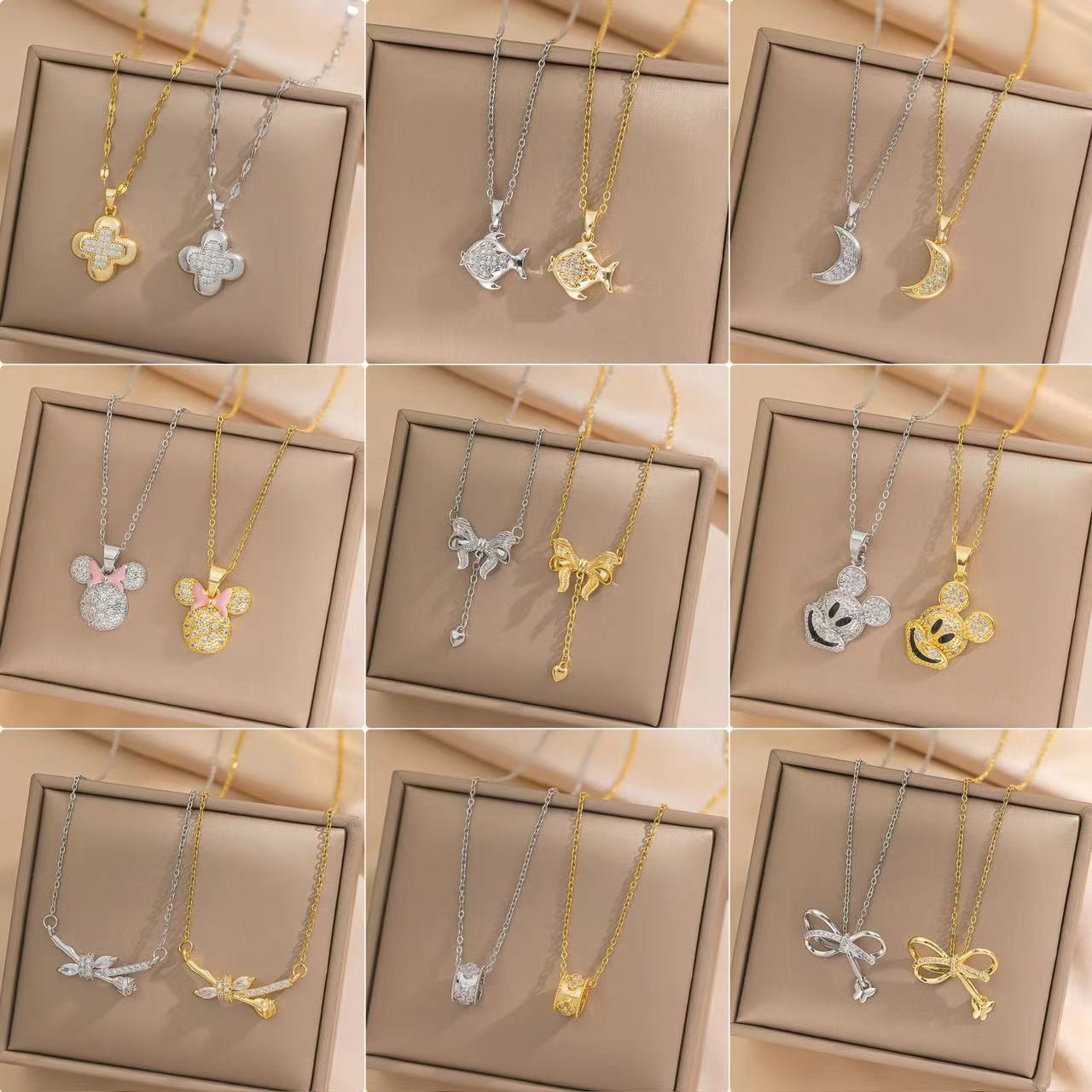 Collar con colgante minimalista de nudo de lazo de acero de titanio para mujer con cadena de serpiente chapada