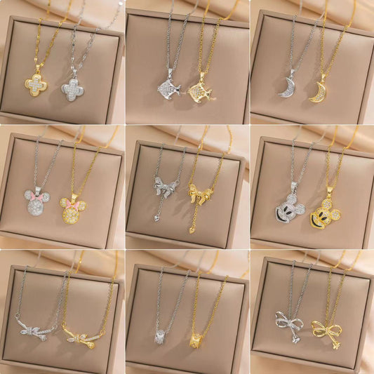 Collar con colgante minimalista de nudo de lazo de acero de titanio para mujer con cadena de serpiente chapada