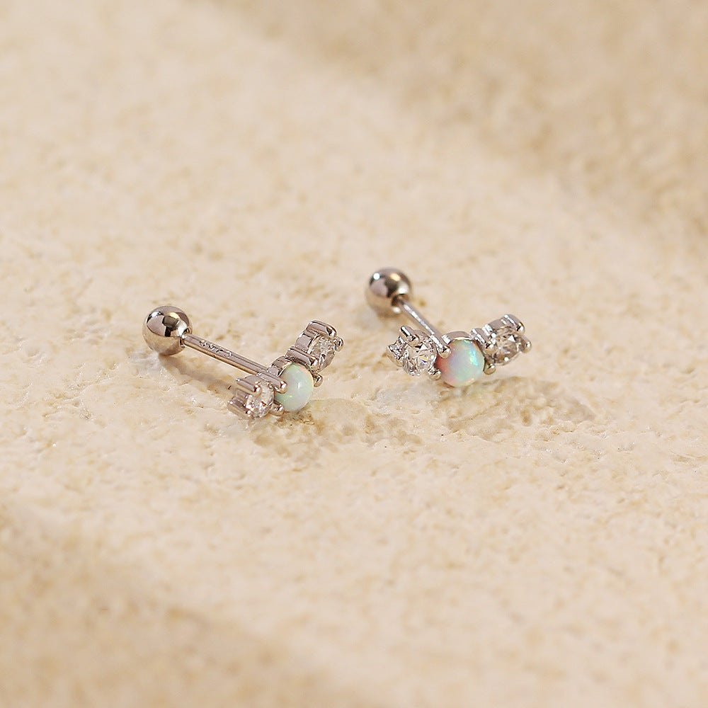 Orecchini a perno da donna eleganti in argento sterling 925 con opale rotondo geometrico e strass intarsiati