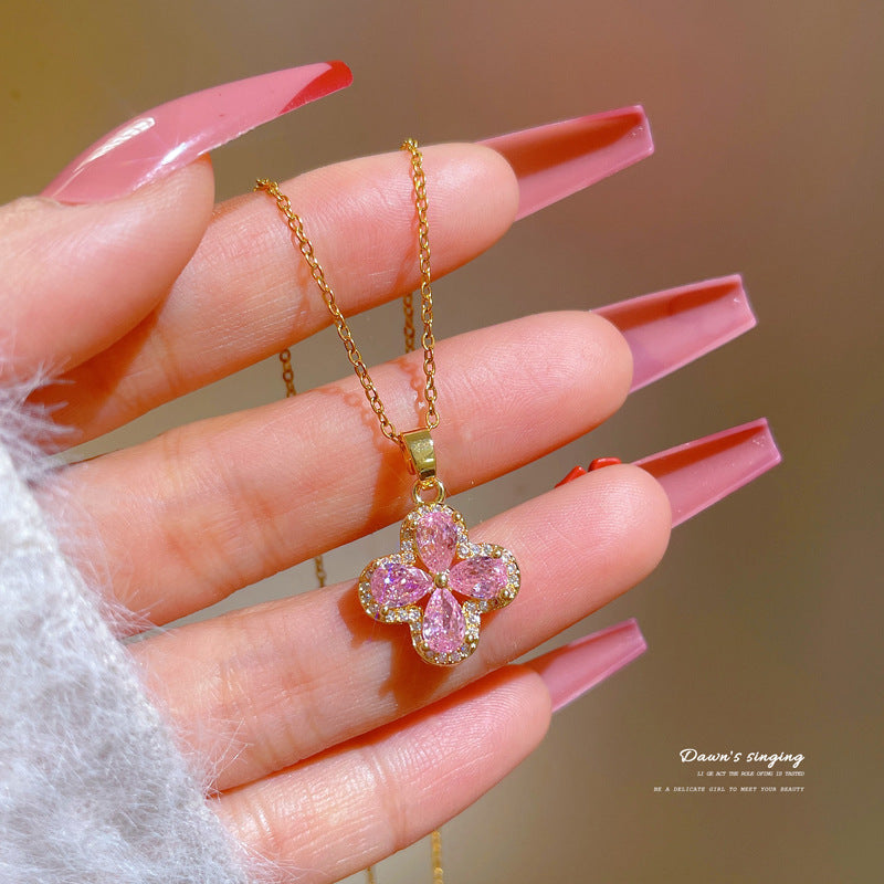 Elegant Floral-Shaped Titanium Steel Necklace with Micro-Pavé Rhinestones for Women, O-Chain Locket Style