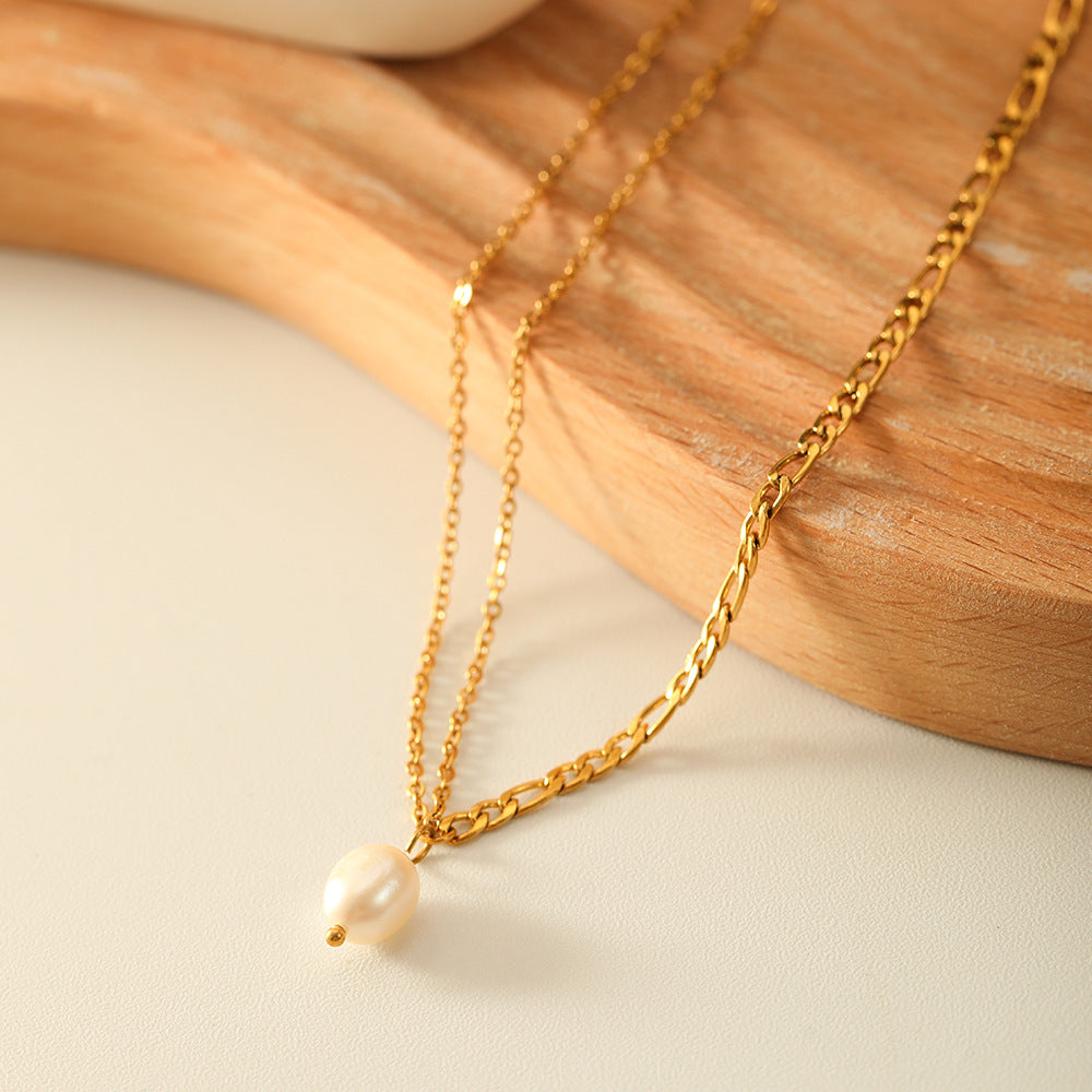 Minimalist Geometric Double-Layer Snake Chain Necklace with Freshwater Pearl Pendant in Titanium Steel Plated with 18K Gold for Women