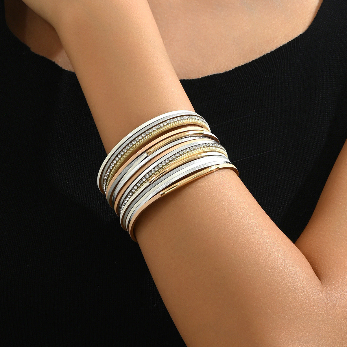 Minimalist Geometric Leather Bracelet for Women with Rhinestone Inlay and Multi-Layer Design