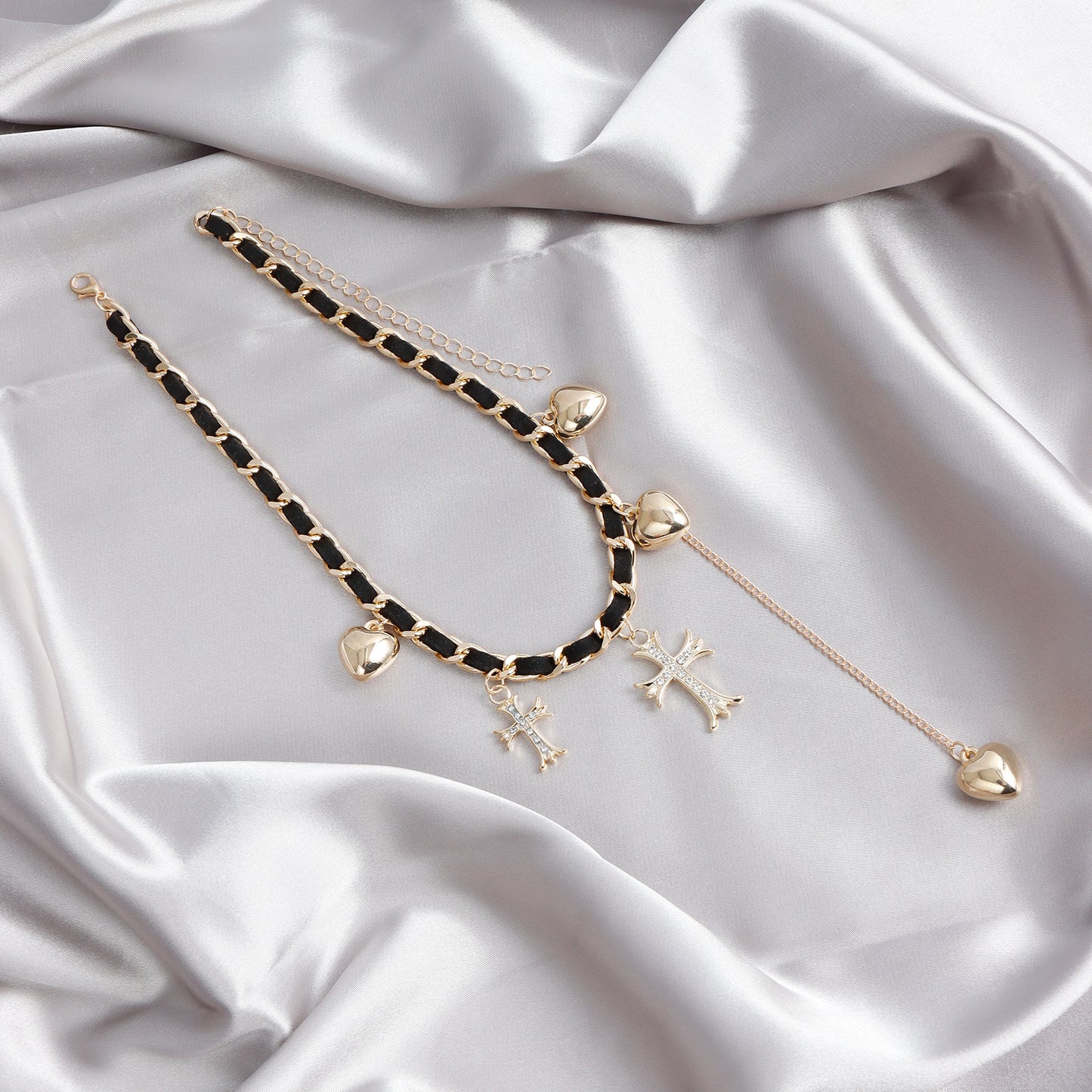 Vintage Style Heart and Cross Pendant Necklace with Plated Metal Choker Chain for Women