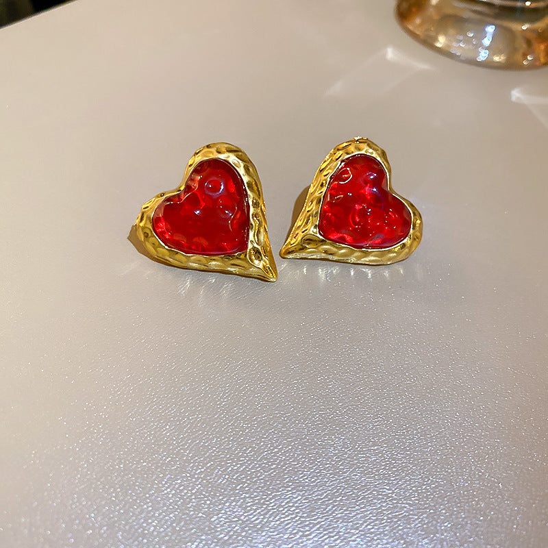 Orecchini vintage in rame smaltato rosso geometrico con strass e perni in acciaio inossidabile