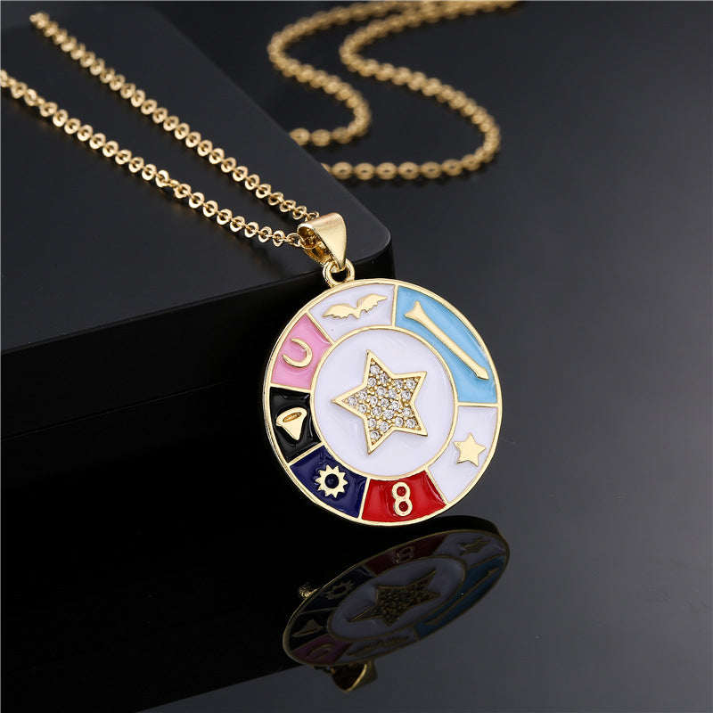 Streetwear Gold Plated Brass Drip Oil Round Star Skull Pendant Necklace with Cable Chain