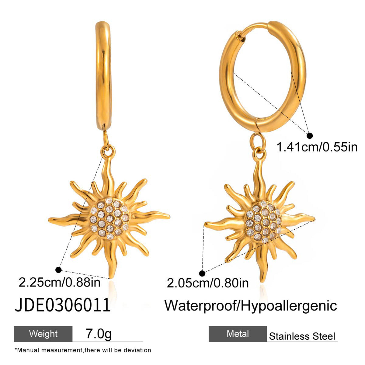 Pendientes de lujo de acero inoxidable con diseño geométrico en forma de sol con incrustaciones de diamantes de imitación bañados para mujer