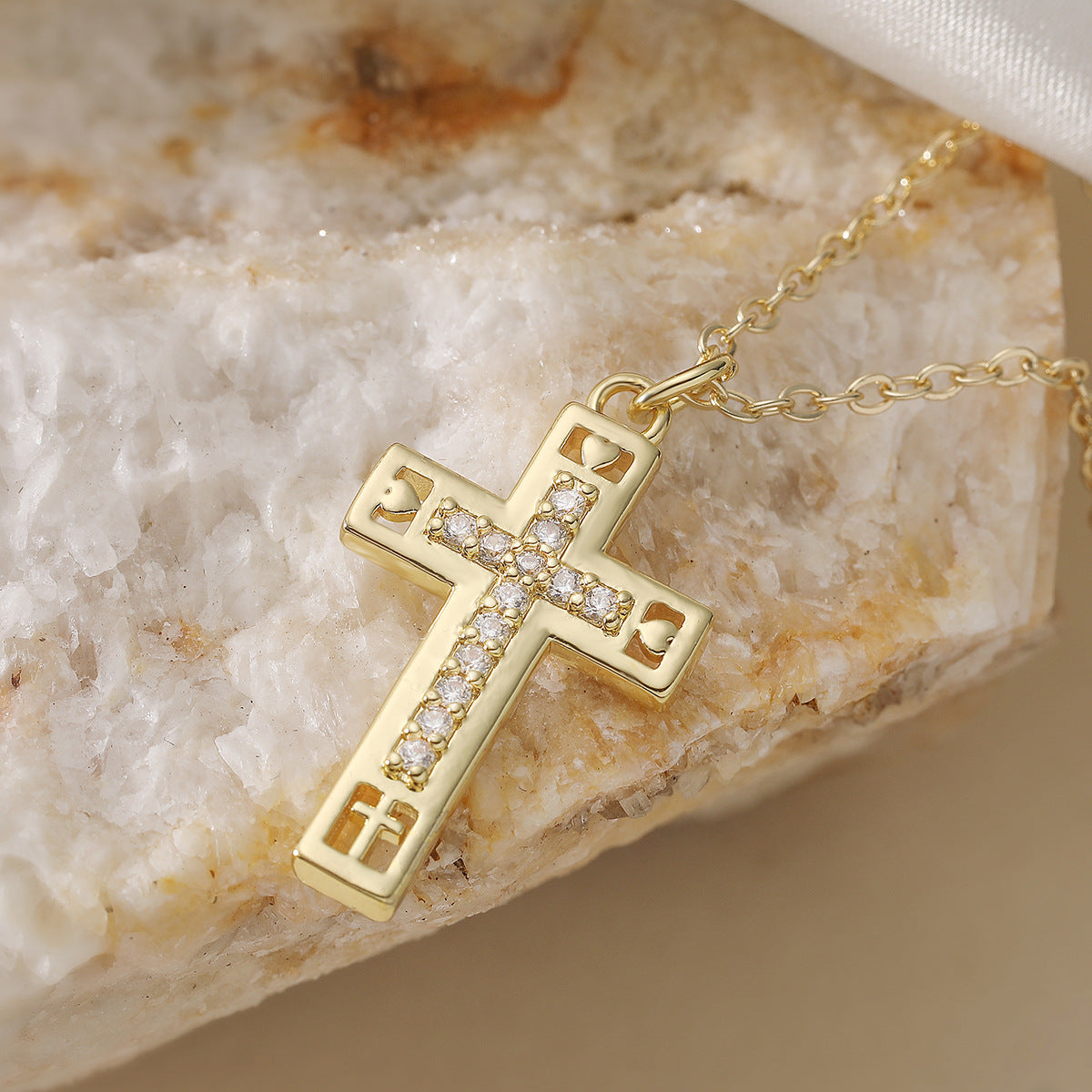 Minimalist 18K Gold Plated Brass Cross Necklace with Cubic Zirconia for Women