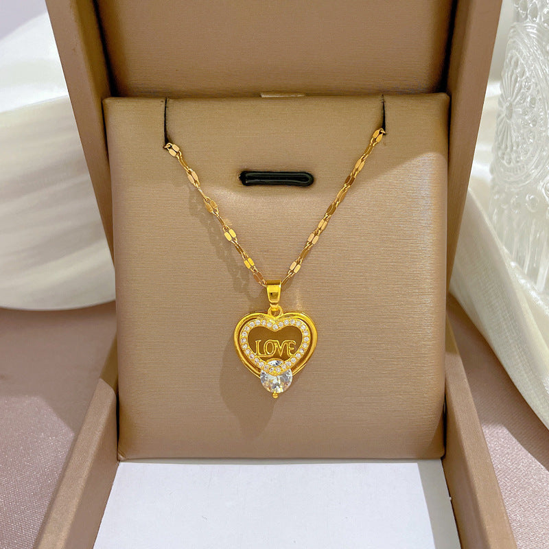 Heart-Shaped Minimalist Titanium Steel Collar Chain with Copper Pendant and Rhinestone Inlay