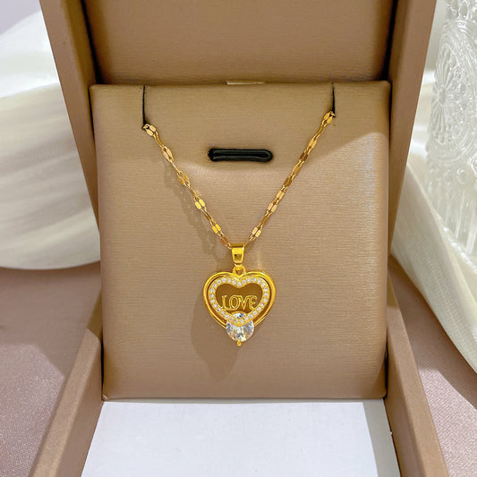 Heart-Shaped Minimalist Titanium Steel Collar Chain with Copper Pendant and Rhinestone Inlay