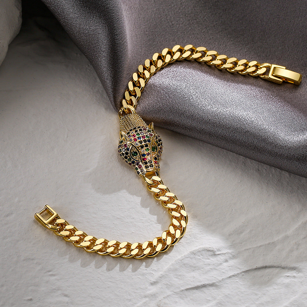 Fashionable Leopard-Shaped Geometric Copper Bracelet with Real Gold Plating and Zircon Accents for Women