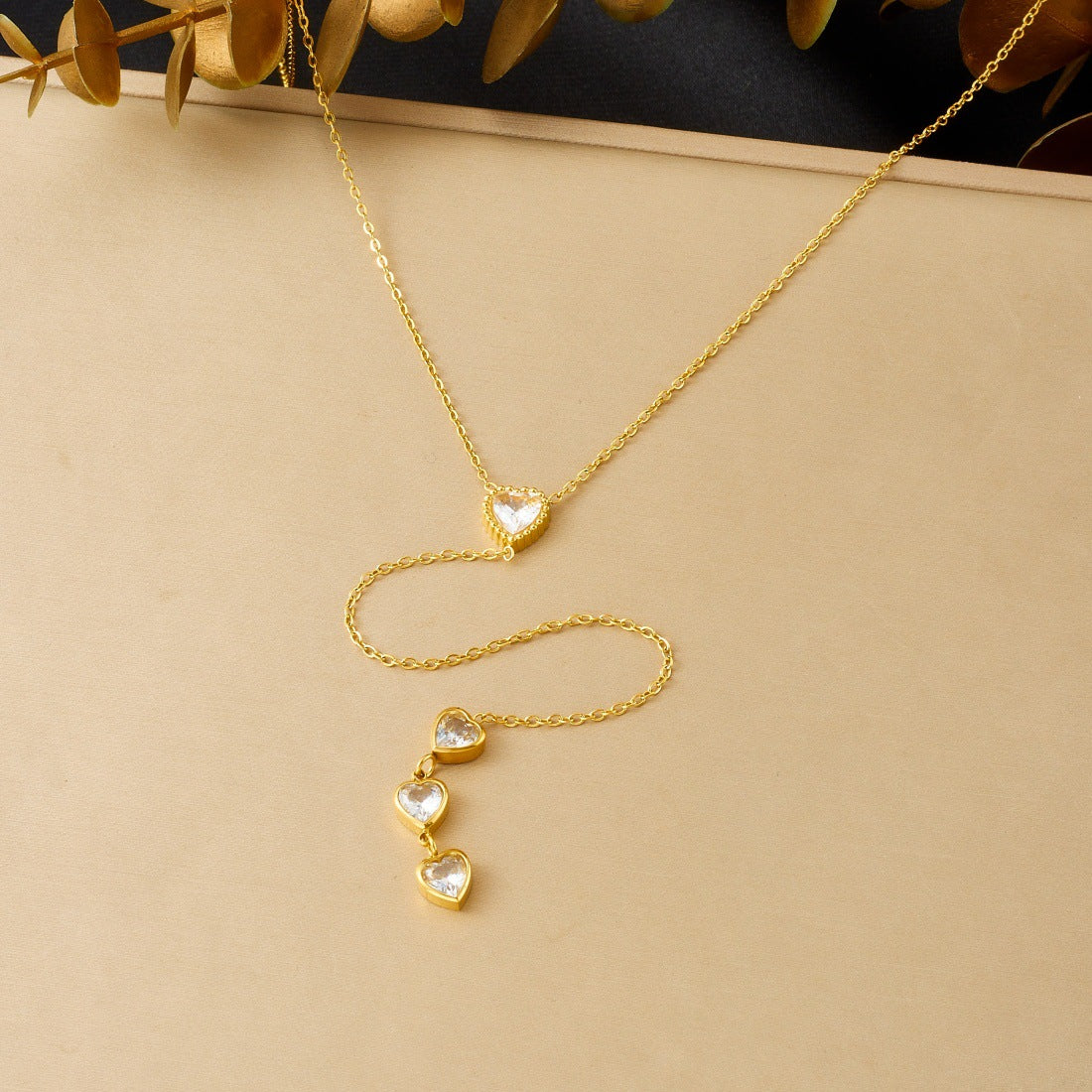 Minimalist Elegant Gold Plated Rhinestone Heart Stainless Steel Necklace with Tassel
