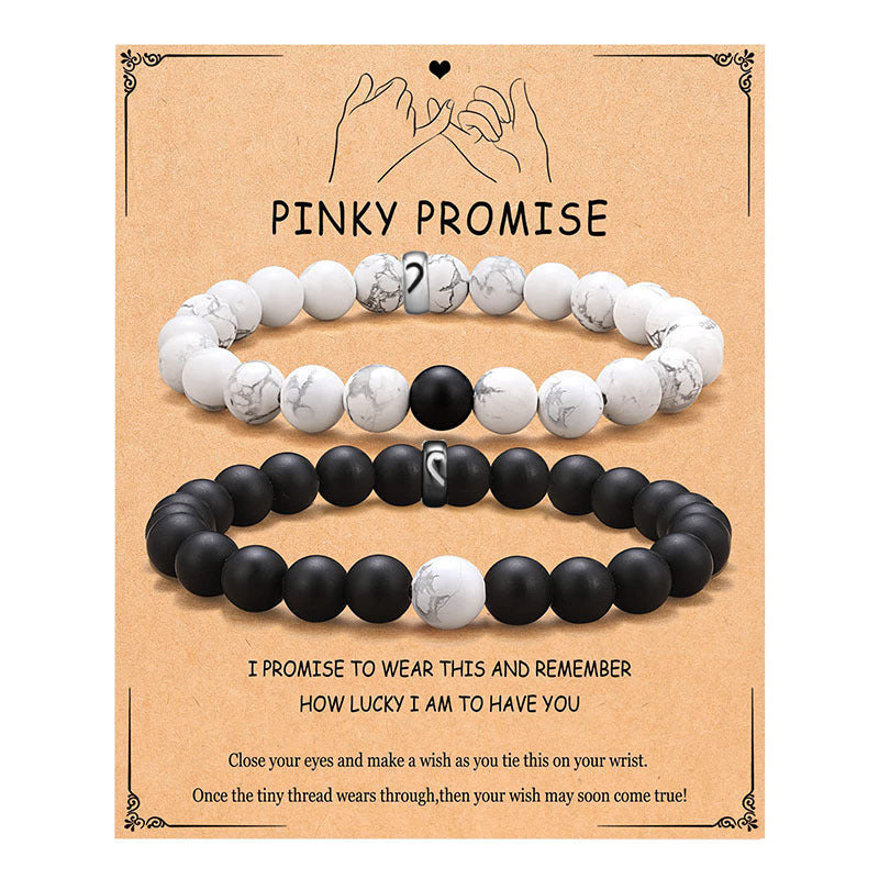 Geometric Black and White Beaded Stainless Steel Bracelet Set for Couples