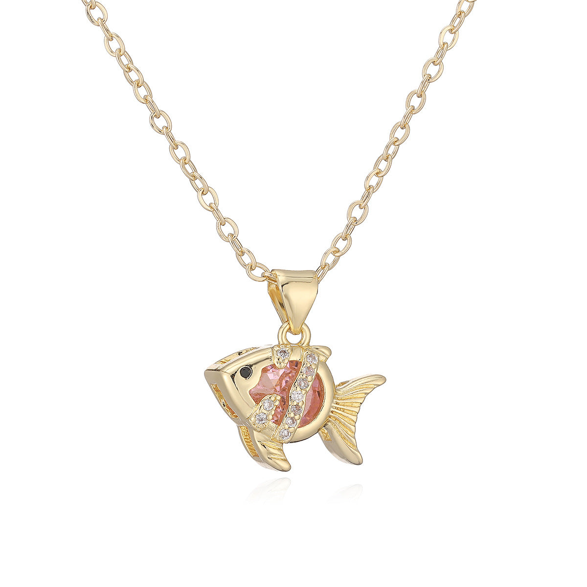 Minimalist Gold Plated Brass Geometric Fish Pendant Necklace with Cubic Zirconia for Women