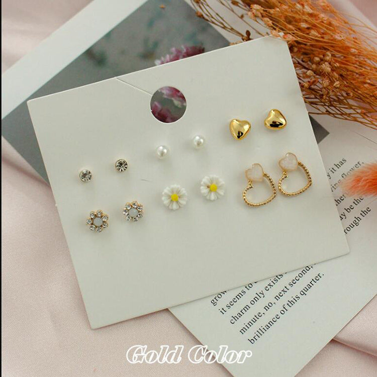 Sweet Gold Plated Geometric Heart Floral Alloy Resin Pearl Stud Earrings Set with Rhinestone