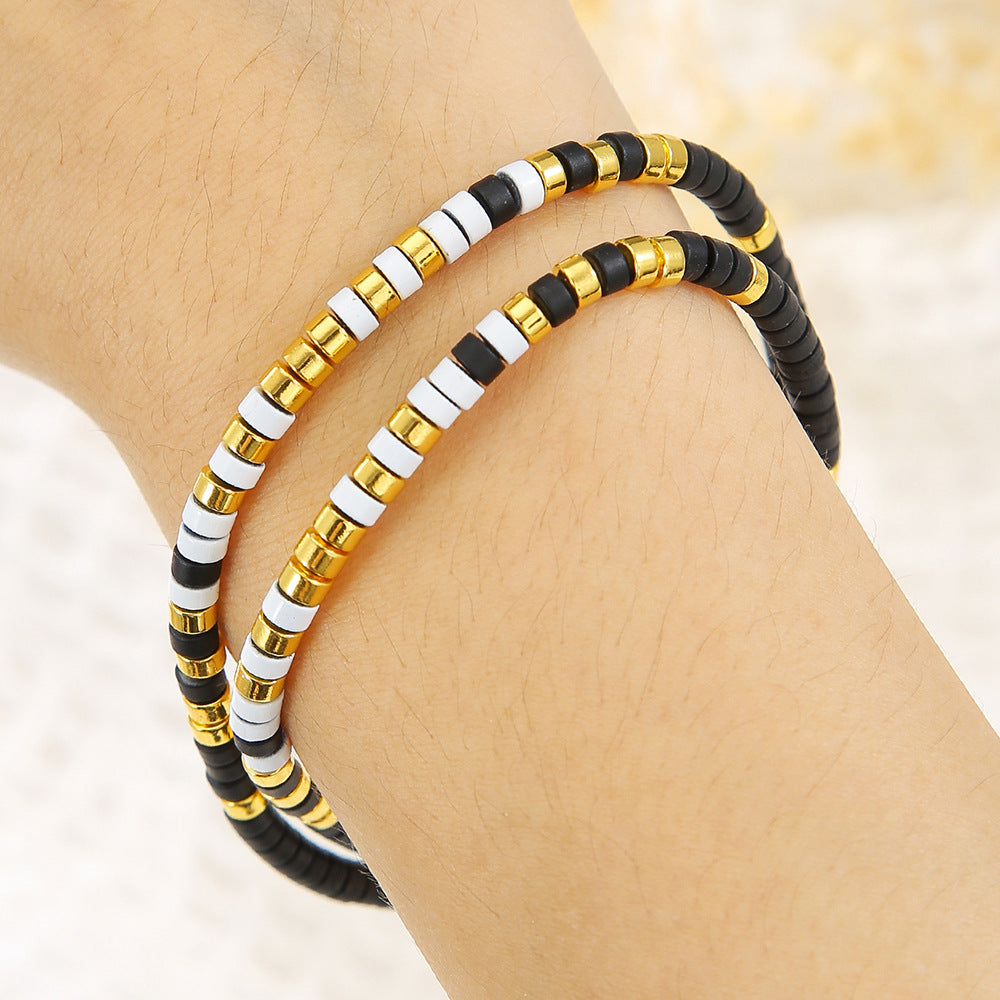 Bohemian Style Geometric Black Obsidian and Stainless Steel Handcrafted Bracelet for Women