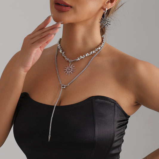 Elegant Gold Plated Alloy Heart Geometric Sunflower Pendant Necklace with Irregular Beads