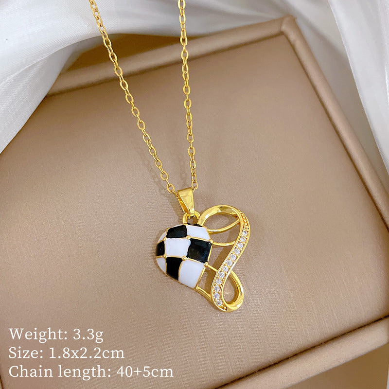 Sweet Elegant Geometric Checkered Rhinestone Pendant Necklace Titanium Steel Cable Chain for Unisex